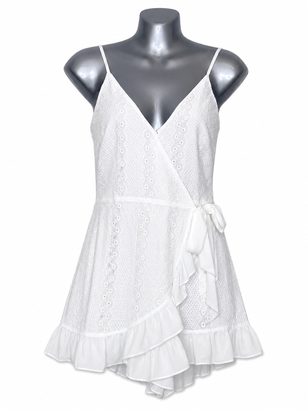 Sugar + Lips White Eyelet Lace Wrap Romper  Ruffle Hem Cottagecore Boho‎